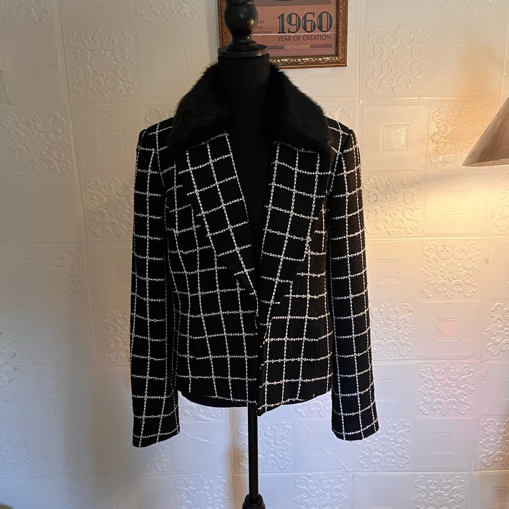 Nine West Black and White Blazer with Windowpane Check